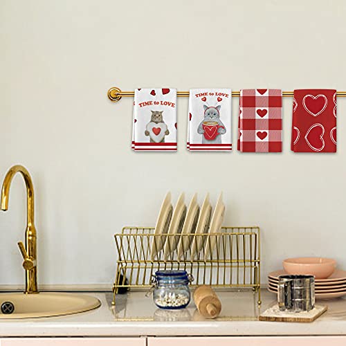 Abtols Valentine Kitchen Towel 4 Pieces Valentine's Day Heart Towels Red Love Cat Valentine Dish Towels Romantic Heart Kitchen Towel Soft Heart Dish Towels Kitchen Tea Towels For Home Kitchen #TOP4