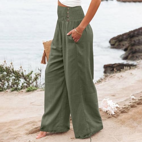 Women Summer High Waisted Wide Leg Lounge Smocked High Waist Loose Fit Linen Beach Lounge Pants with Pockets3