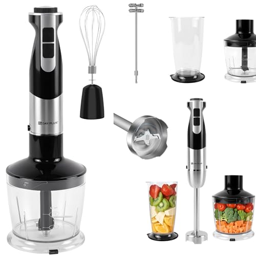 1200W Hand Blender Electric Stick Blender Curry Puree Food Mixer Liquidiser 5-in-1 Stainless Steel Electric Stick Blender, with TURBO, 700ml Beaker, 500ml Chopper, Egg Whisk, Milk Frother, 12 Speeds