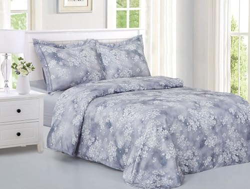 Violet Linen Juego de funda de edredón de 8 piezas con diseño de magnolia francesa, ultra suave, 300 hilos, satén de algodón, color gris, matrimonial, juego de funda de edredón para dos camas