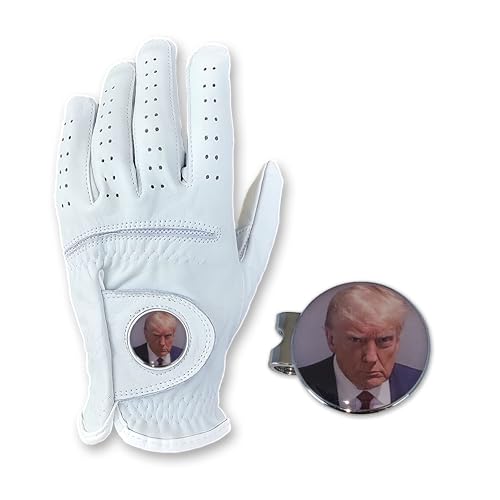 Trump Mugshot Golf Gloves Men’s - Cabretta Leather Golf Gloves with Donald Trump mugshot ball marker and Hat Clip, Shocker Golf Gloves, Mens Golf Essentials, Fun Gag Gift, Right Left Hand, SM to XXL