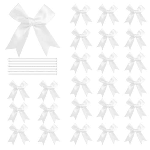 50 Pcs Twist Tie Bows Satin Ribbon Bow 3.3 Inch Gift Wrap Bow Craft Bows for Gift Wrapping Party Decorations Gifts Bag DIY Treat Bags White