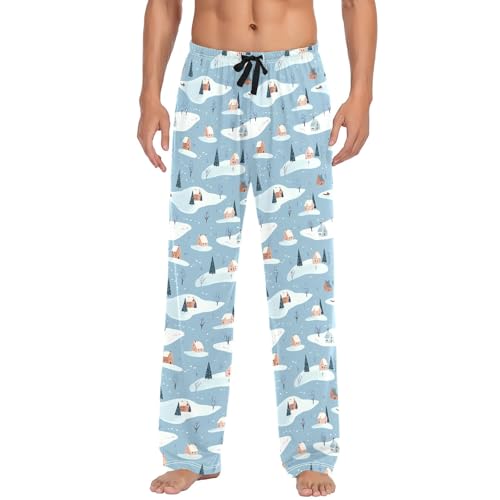 Mens Cotton Pajama Pants Sleep Lounge Pj Bottoms Sleepwear with Pockets Drawstring S Blue Winter House Tree2