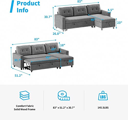 Mjkone 3 Seat L-shape Sectional Sofa Couch with Pull Out Bed and Reversible Storage Chaise, Modern 83 Inch Sleeper Sofa with Breathable Velvet Fabric and Nailhead Trim for Living Room, Dark Gray