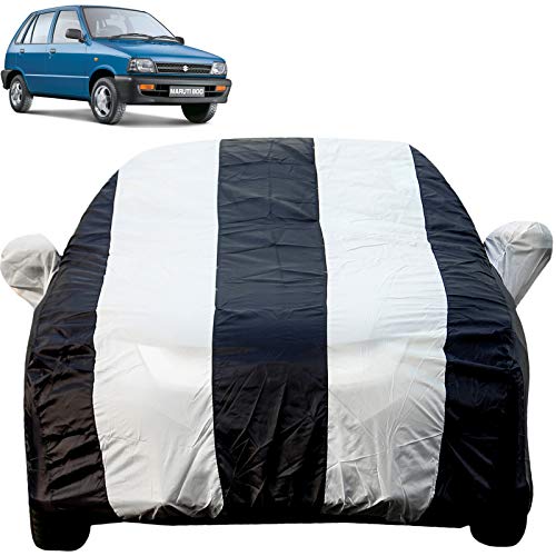 Image of Autofact Car Body Cover with Mirror Pockets Compatible for Maruti Car 800 (Triple Stitched, Bottom Fully Elastic, White, Blue Color)