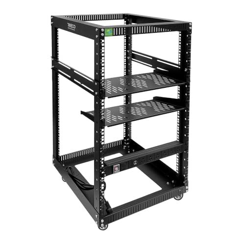 RIVECO 18U Open Frame Server Rack with Brake Casters + PDU (8 Outlets) Power Strip Surge Protector + 2 PCS Rack Shelves Cantilever Tray Set Black