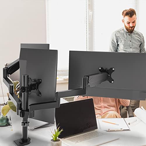 WORLDLIFT Triple Monitor Mount for 17-27 Screens - Gas Spring Three Arm Desk Mount Bracket with Clamp - ±35° Tilt, 360° Rotation & ±90° Swivel Arms - VESA: 75x75-100x100, Up to 8 kg per Arm