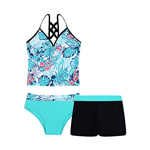 Image of ranrann Girls 3 PCS Floral Printed Tops with with Bottoms Shorts Set Swimwear Swimsuit Bathing Suit