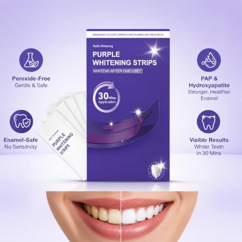Image of Purple Teeth Whitening Strips (7 Strips) | Peroxide-Free & Sensitivity-Free Enamel-Safe Oral Care with PAP & Hydroxyapatite | Self-Dissolving Strips for Yellow Stain Removal For Men & Women