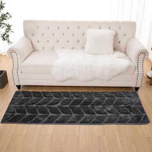 Image of Kuber Industries 2x6 Ft - Bed Side Runner For Bedroom & Living Room | Anti-Skid Carpet For Hall | Kitchen Foldable Runner for Floor, Home & Office | Leaf Design - Grey