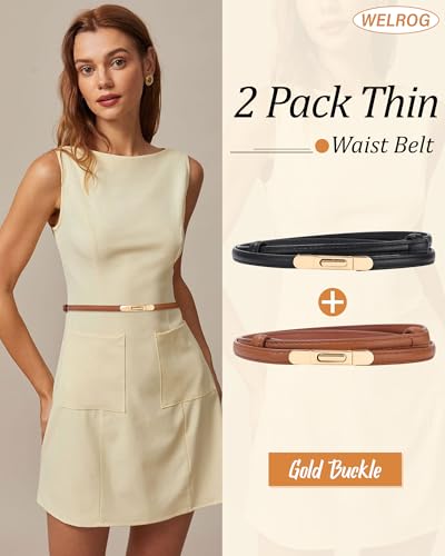 WELROG 2 pack Women's Skinny Leather Belt Adjustable Thin Belts For Dresses Alloy Turn Lock Belts For Jeans2