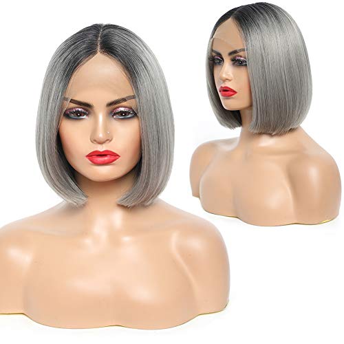 SEELAUGH Lace Front Gray Bob Wig 9 Inch Transparent Lace Middle Parting Synthetic Short Straight Bob Wigs for Black Women Daily Use (9" Gray)