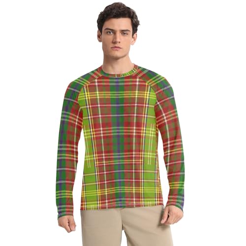 Mens UPF 50+ UV Sun Protection Rash Guard for Men Long Sleeve Rash Guard Men Quick Dry Fishing T-Shirts, Red Green Plaids, Medium