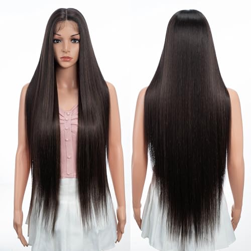 Joedir 34" Long Yaki Straight Lace Front Brown Synthetic Wigs Middle Part HD Transparent Glueless Lace Wig Heat Resistant Fiber Pre Plucked Hairline with Baby Hair Wig for Women - Image 3