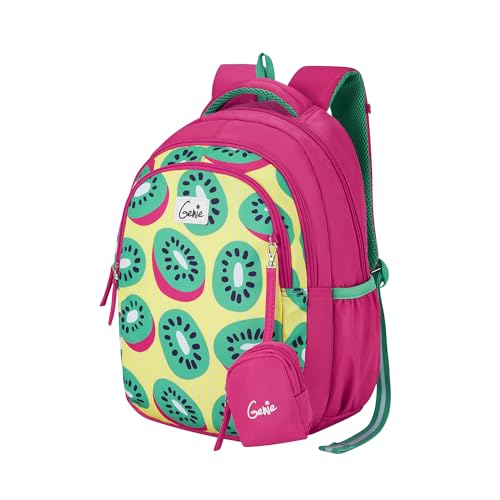Image of Genie Fruity Kids s, 15 inch Cute, Colourful Bags for Girls, Water Resistant and Lightweight, 3 Compartment with Happy Pouch, 20 Liters, Nylon Twill, Pink School Backpack