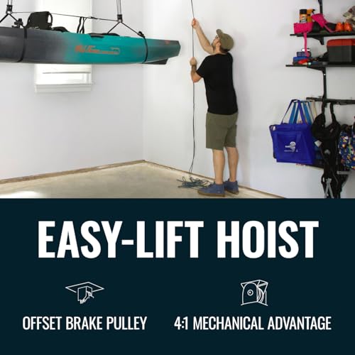 Image of Teal Triangle Elite Pulley Hoist for Kayaks, Canoes, and Paddleboards - Heavy Duty Garage Storage Lift for Kayaks - Premium Canoe Hanger Holds 150 lbs and Fits 12 ft Garage Ceilings