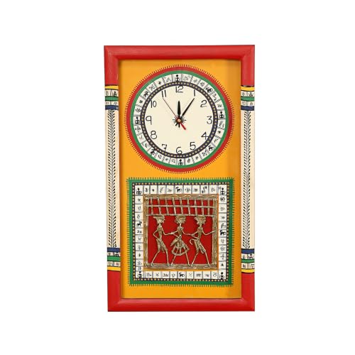 Image of AAKRITI ART CREATIONS Wall Clock Handcrafted Warli Art Yellow Dial with Glass Frame Red, Yellow | Wall Clock for Home, Home Decoration | Lightweight Wooden wall Decor | Matte Finish