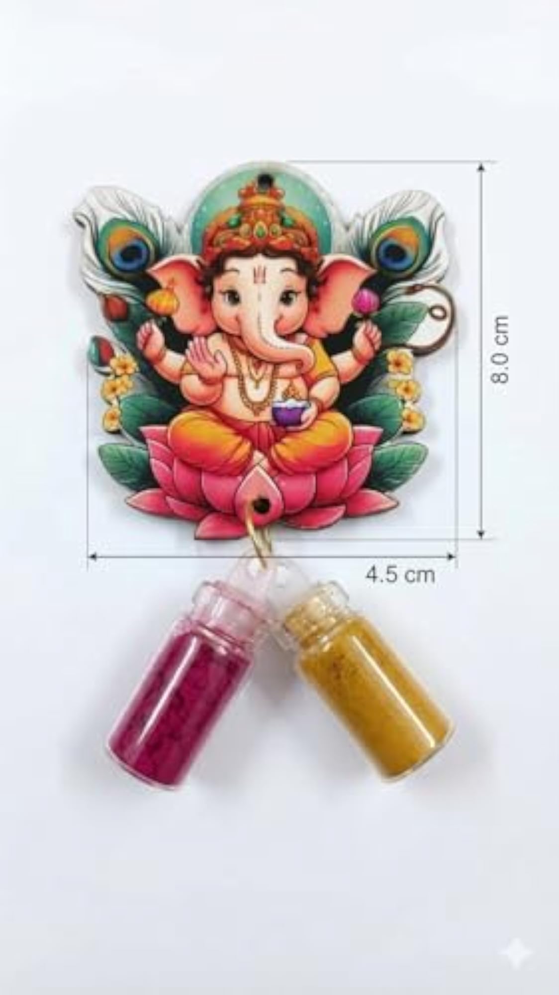 Ganesha Printed Wooden Pendant with Kumkum and Haldi Bottles