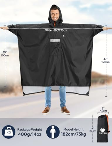 ANYOO Wasserdichter Regenponcho Winddichter Regenmantel mit Seitlichem Reißverschluss, Leichter Regenjacke mit Verstellbaren Ärmeln für Outdoor Wandern Radfahren, Einheitsgröße, Schwarz