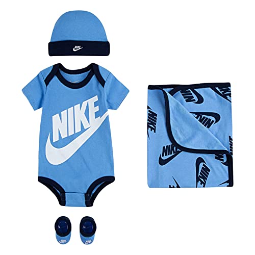 Image of Nike Baby`s Core Future Blanket, Bodysuit, Hat and Booties 4 Piece Set (Blue(NN0452-B9F)/Black, 0-6 Months)