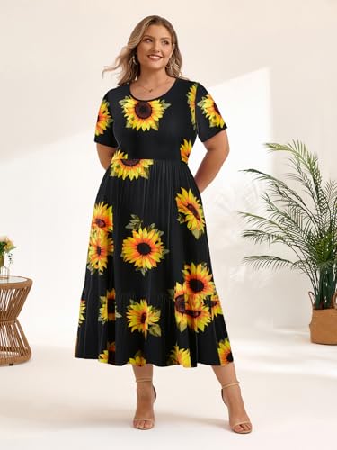 Image of LARACE Plus Size Dresses for Women Summer Casual Short Sleeve Long Dress Flowy Maxi Beach Dresses with Pockets L-6XL(Flower35 6X)