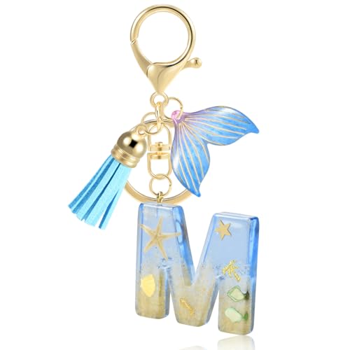 Initial letter Keychains for Women, Ocean Series Avowing Protect Earth Environment, Tassel Cute Car Keychain Initial Key Chain Keyring for Bookbag Handbag Backpack Charm Key Ring Unisex (Letter M)