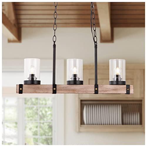 🔥 Flash Sale 3-Lights Wooden Chandelier with Glass Vintage Farmhouse Island Light Rustic Retro Wood Pendant Lighting Fixture for Kitchen, Living Room, Dinning Room, Bar, Hallway