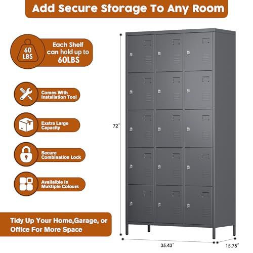 SUXXAN 15 Doors Storage Locker Combination with Business Card Holder,Industries Double Tier Metal Locker for School Office Gym Home Employees Staff Sundries Room W35.43*D15.7*H72(Dark Grey)