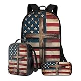 Talayituse Cross American Flag Print 3 Pcs Backpack Set Travel Bag Portable Bookbag Knapsack Daypack Large Capacity Sports Backpacks Schoolbag with Lunch Box Pencil Case for Boys Girls