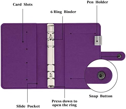 A6 6 Ring Binder Notebook Felt Binder Personal Organizer with Snap Button, Without Filler Pages,Purple