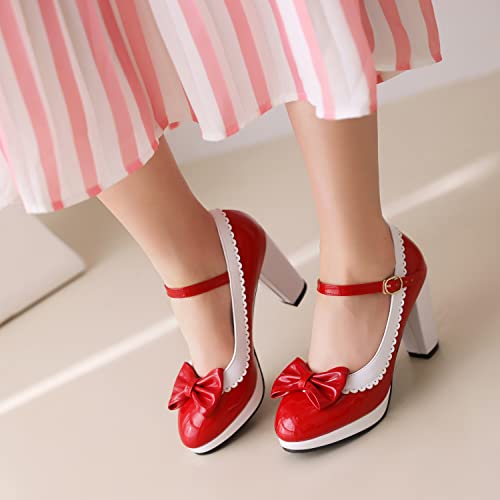 Betastella Women's 1950s Rockabilly Shoes Chunky Mary Janes Platform Patent Leather Block Heel Ankle Strap Pumps Cute Bow Cosplay Shoes3