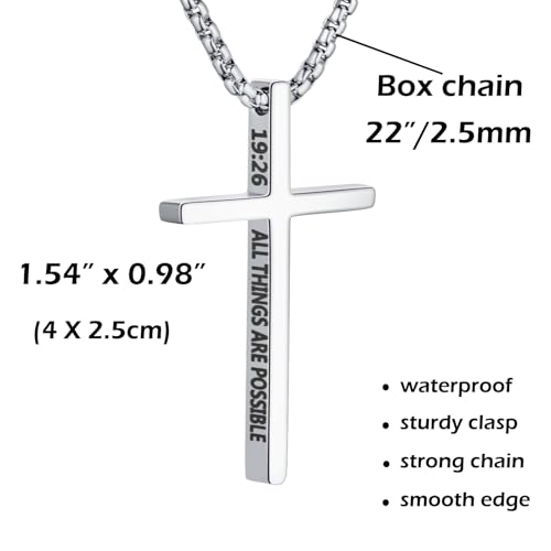 2 Pcs Cross Necklace for Men, Silver Black Stainless Steel Bible Verse Cross Pendant Necklace for Men, 2.5mm Box Chain2