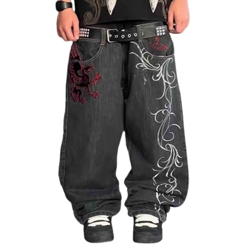 BXCNCKD Unisex Retro Street Trendy Jeans Hiphop Loose Wide Leg Pants Dark Gothic Embroidered Jeans