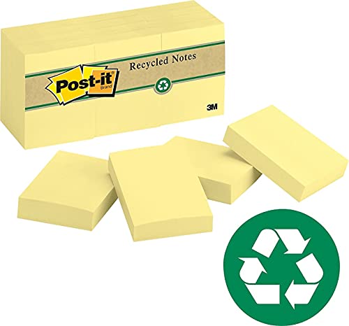 Image of Post-It Notes Original Recycled Pad - 1.4 inch x 1.9 inch, Pack of 12, Canary Yellow