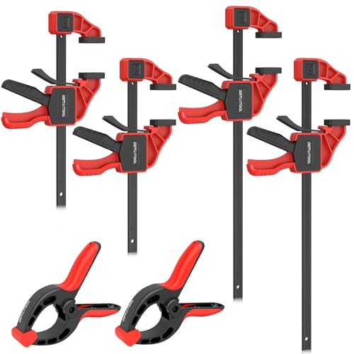 GETLITOOL Set 4pz Morsetti a Barra 6/12 da Falegname + 2pz Morsetti a Molla, 2 in 1 F-Bar/Spargitori a Sgancio Rapido per Lavorazione Legno con Serraggio 75kg Binario in Acciaio al Carbonio