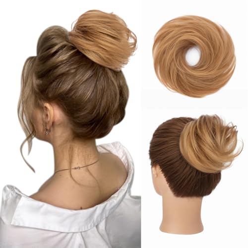SLEEKALON Human Hair Messy Bun Hair Piece 100% Real Straight Hair Bun Scrunchies for Women Chignon Updo Dark Blonde Hair Bun Extensions Elegant Donot Thick Bun Hairpiece(Dark Blonde)