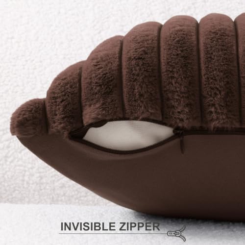 Image of Pallene Faux Fur Plush Throw Pillow Covers 26x26 Set of 2, Luxury Soft Fluffy Striped Decorative Pillow Covers for Sofa, Couch, Living Room, Dark Brown