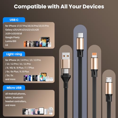 2-Count MPATIBY 3.6' 3-in-1 Retractable Charging Cables w/ USB-C, Lightning & Micro-USB (Black/Gold or Blue) - image 7