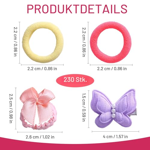 Haarschmuck für Mädchen, 230 Stück, Schmetterlings-Haarspangen und Gummibänder, Rosa und Mehrfarbig