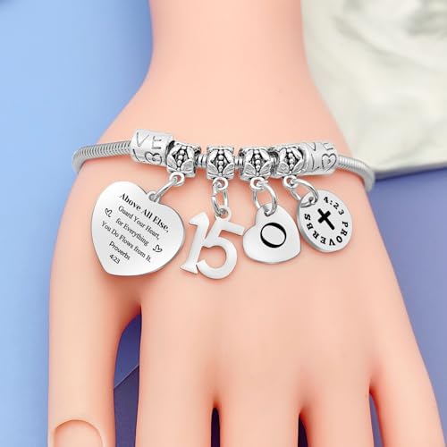 Image of 15th Birthday Gifts Bracelet Initial Gifts for Girls Christian Bracelet Happy 15th Birthday Gift for Daughter Granddaughter Son Letter A-Z Gift Bible Verse Gifts Inspirational Gift for Niece Friends