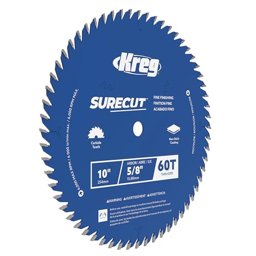 Kreg SureCut Saw Blade - Surecut Carbide-Tipped 60-Tooth Finishing Blade for Smooth Cutting - Anti-Vibration & Anti-Stick Coating - Fine Cuts & Quiet Operation for Table/Miter Saws - KSB10FF60