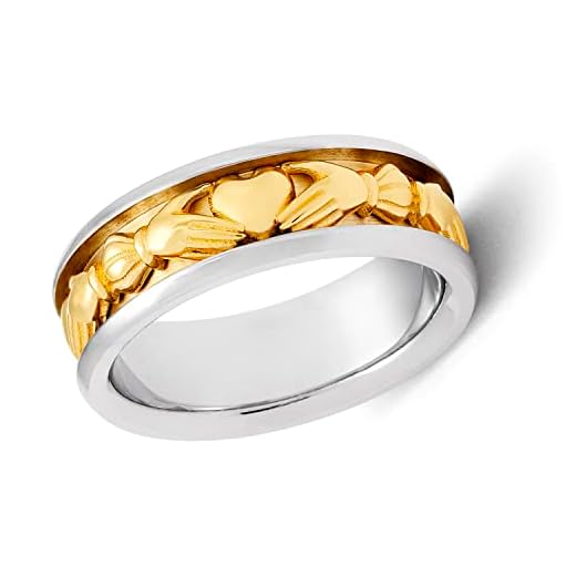 Two Tone 14 karat Gold Rings Claddagh Wedding Band – Handmade Nice Gift Jewelry for Him or Her - Comfort Fit White Yellow Weddings Bands for Men and Women – Size 6 to 15