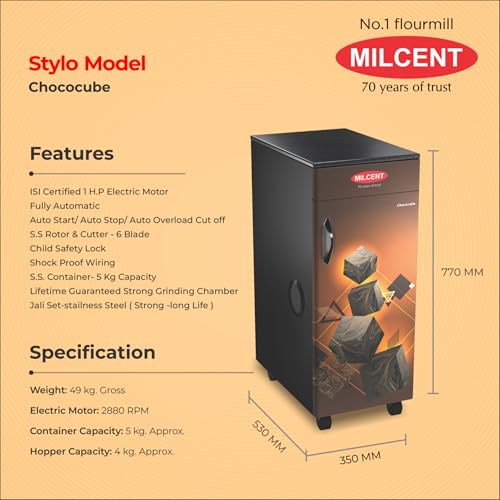 Image of Milcent Stylo Flour Mill (Coco Cube) | Fully Automatic Atta Chakki for Home | 1 HP ISI Motor | Stainless Steel Container | Auto Start /Stop | Child Safety Lock | Domestic Flour Mill Machine