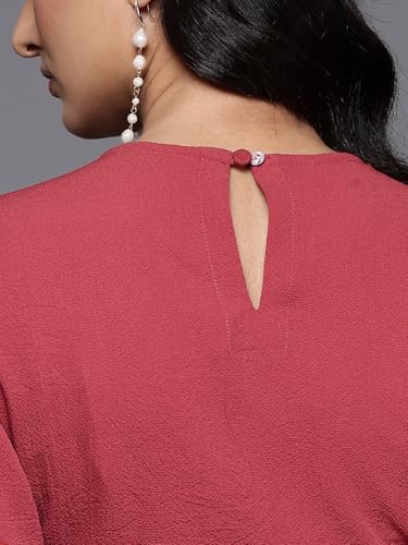 Image of Varanga Women Rust Round Neck, Cut-Out Detail On Waist, Knee Length Dress