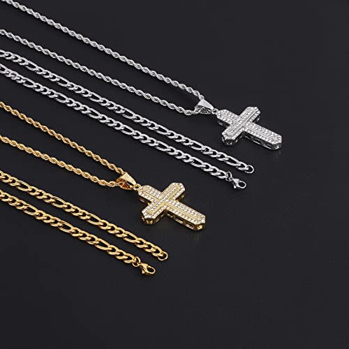 Caritate Layered Cross Necklace For Men Boys - Silver Gold Diamond Stainless Steel Cross Pendant Necklace For Men - Jesus Crucifix Cross Necklace For Men 18 20 22 Inch Jewelry Gifts #TOP2