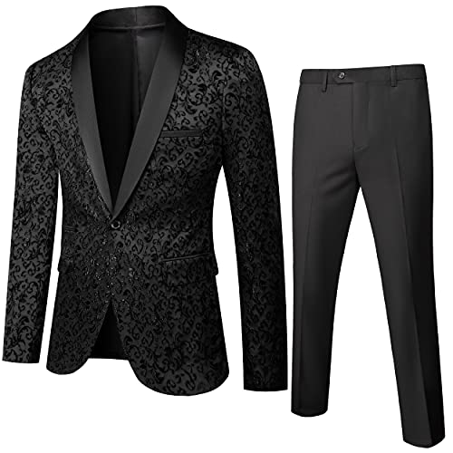 UNINUKOO Men's Suit Slim Fit 2 Piece Tuxedo Suit Set Floral Print Paisley Shawl Lapel Groom Wedding Suits Set US Size M Black