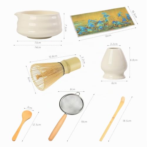 Miniatura 5 de Set De Té Matcha De 7 Piezas Incluye Chasen Batidor De Bambú , Cuenco Con Pico, Cuchara, Tamiz Y Soporte Kit De Ceremonia Del Té Japonés Para Principiantes Y Expertos Blanco