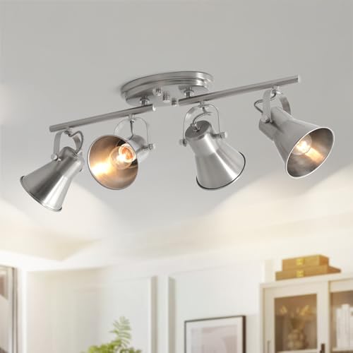 Image of 4-Light Track Lighting Fixtures Ceiling, Industrial Modern Kitchen Track Lighting, Nickel Directional Ceiling Light, for Kitchen Island, Dining Room, Living Room