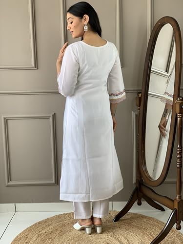 Image of Women's Kurta Set with Floral Print Dupatta, White and Purple