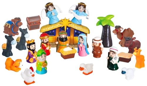 25 Pcs Nativity Set for Kids with Light, Christmas Nativity Toys Kids Nativity Play Set Include Baby Jesus, Mary, Joseph, Manger, Small Nativity Scene for Toddlers Children Christian Religious Gifts